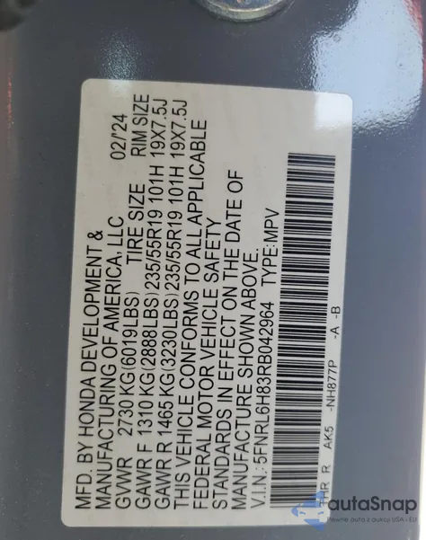 2024 Honda Odyssey Touring z USA, uszkodzony, nr VIN 5FNRL6H83RB042964